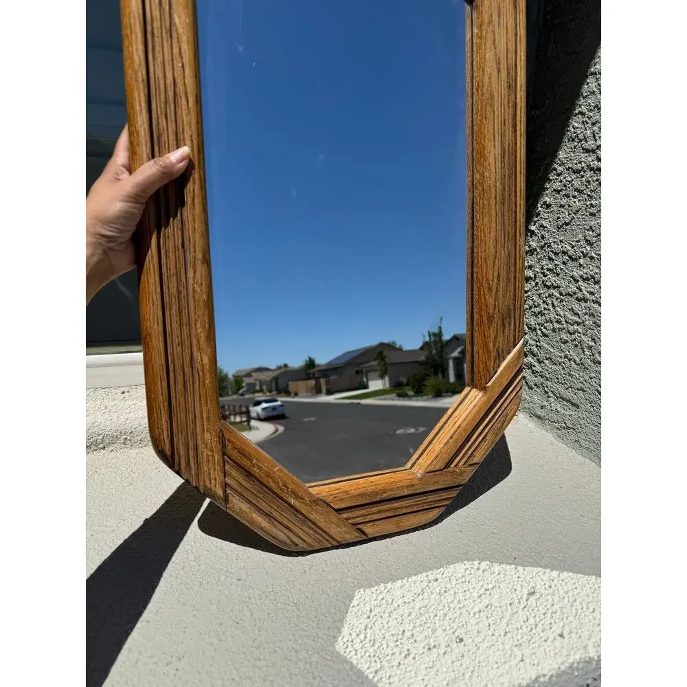 vintage hand crafted by Happythings elongated octagonal mirror reed rattan frame